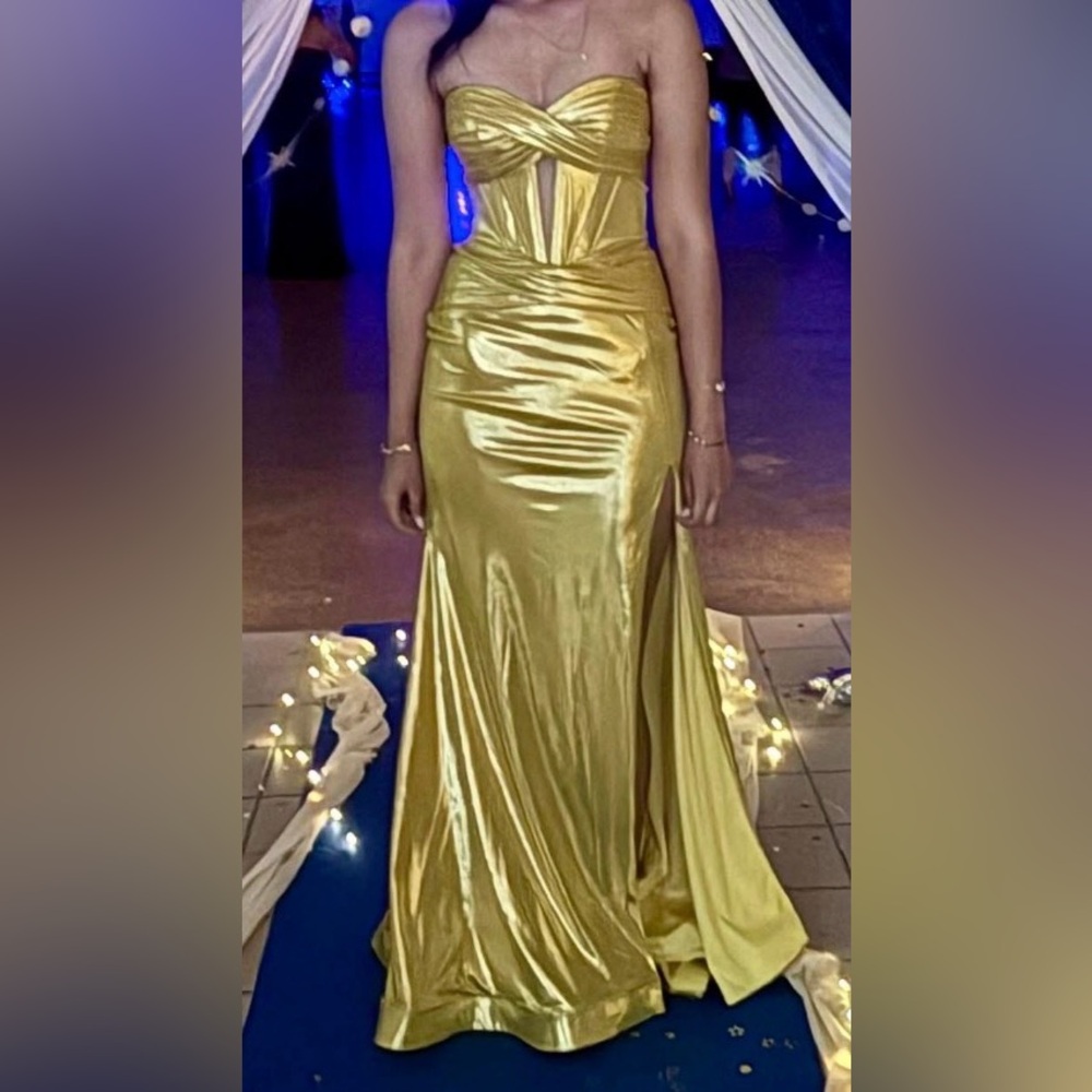 Gold Strapless Satin Prom Gown with Corset Bodice
